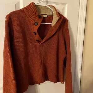G.H. Bass & Co. Rust Sherpa-Trim Button V-Neck Sweater